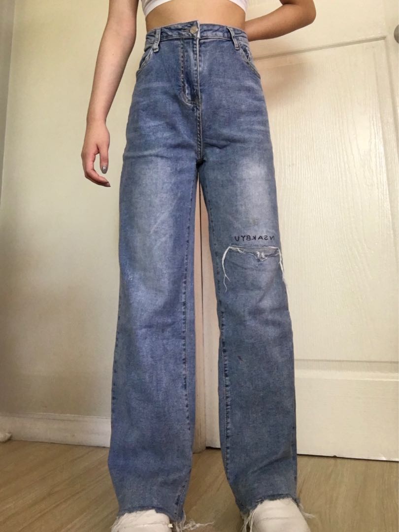 tattered baggy wide leg, Women's Fashion, Bottoms, Jeans on Carousell