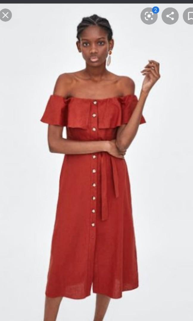 Zara Off Shoulder Brick Red Linen Dress Women s Fashion Dresses Sets Dresses on Carousell