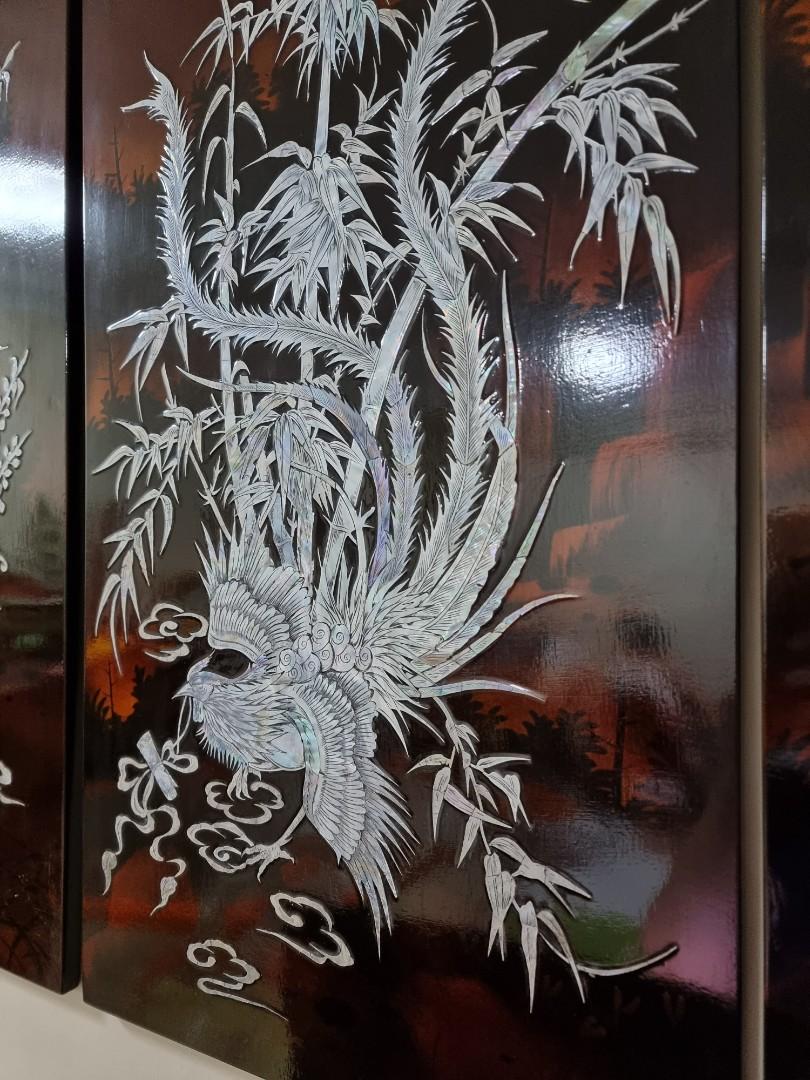 Antique Redwood Vietnamese lacquer painting with mother of pearl inlay