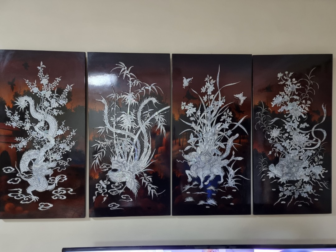 Antique Redwood Vietnamese lacquer painting with mother of pearl inlay