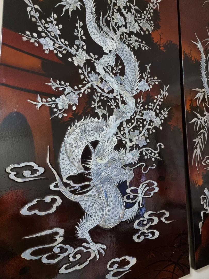 Antique Redwood Vietnamese lacquer painting with mother of pearl inlay