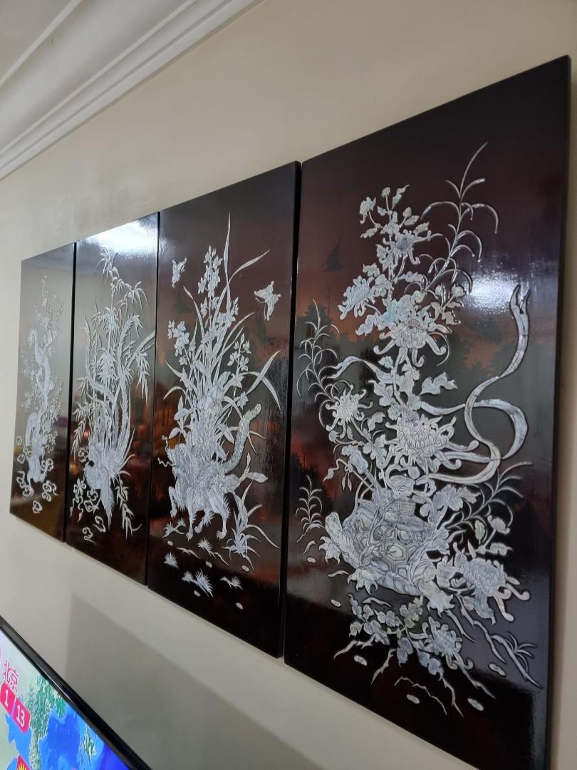 Antique Redwood Vietnamese lacquer painting with mother of pearl inlay