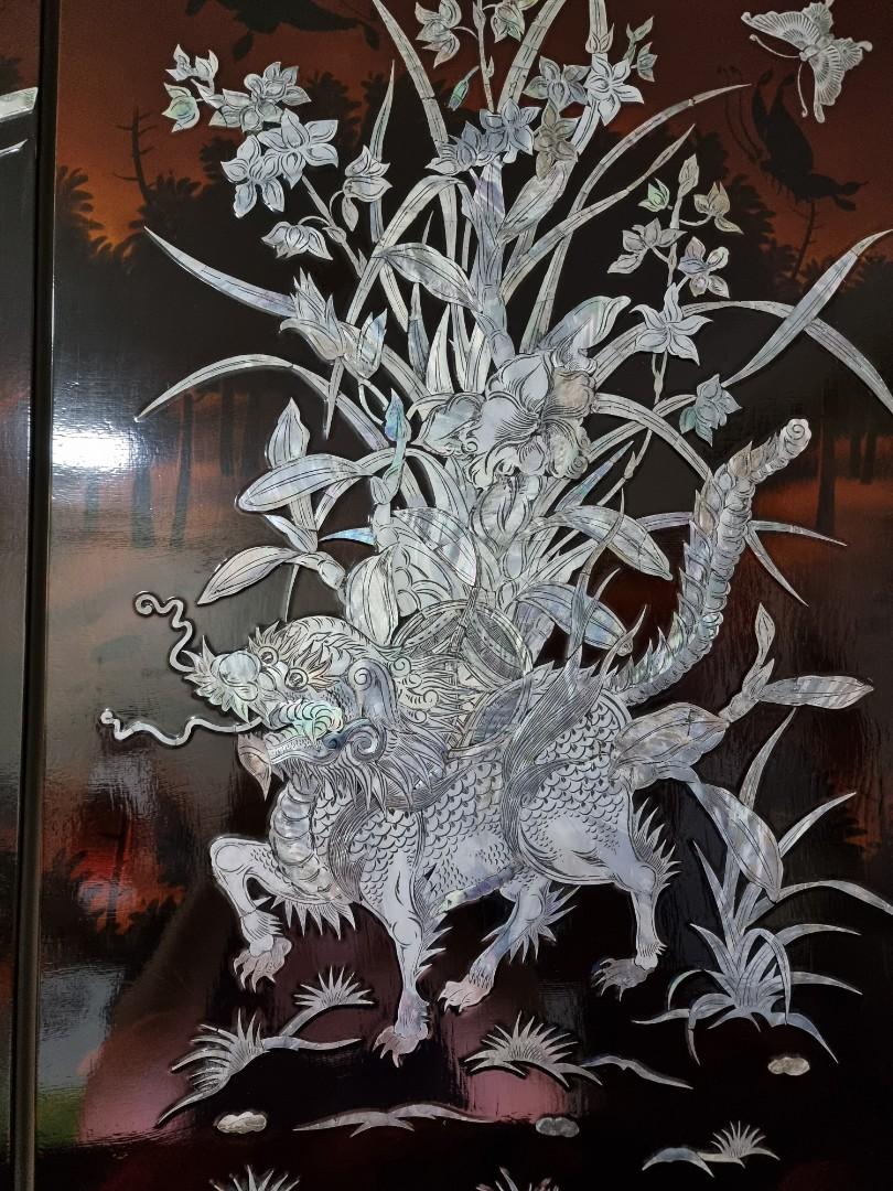 Antique Redwood Vietnamese lacquer painting with mother of pearl inlay