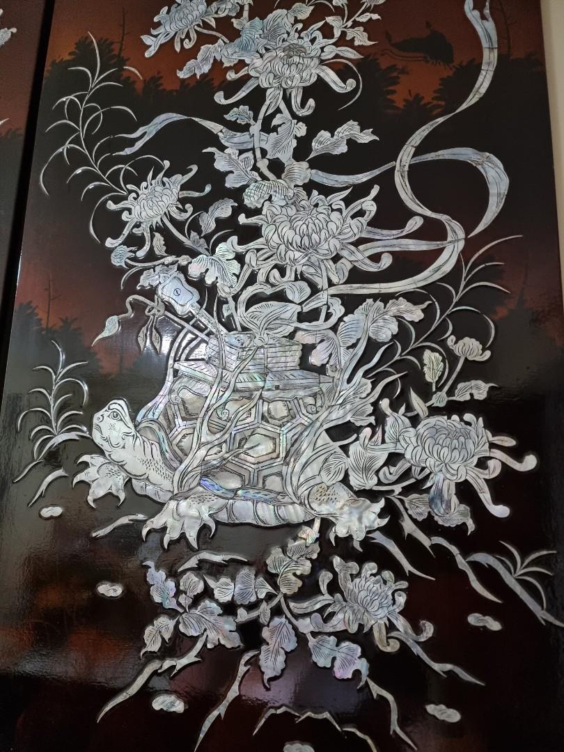 Antique Redwood Vietnamese lacquer painting with mother of pearl inlay