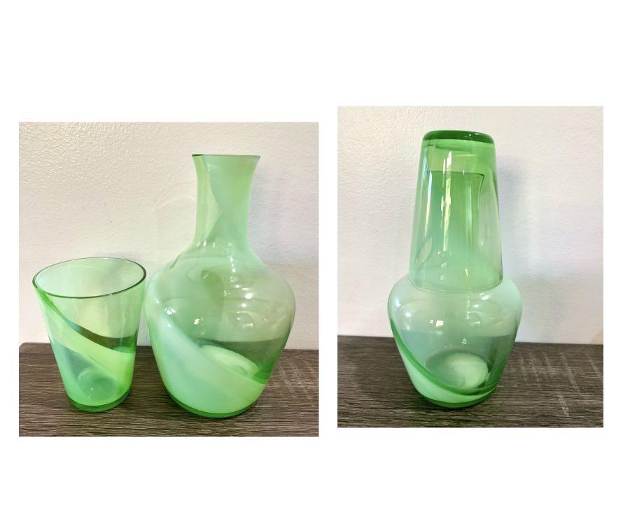 Art glass bedside water carafe set (Category: Water Bottles & Tumblers) located in Davao. Submitted by pilmarmustdeclutter (Listing ID 1123970725, Image 1). Description: P1,100 excluding sf.