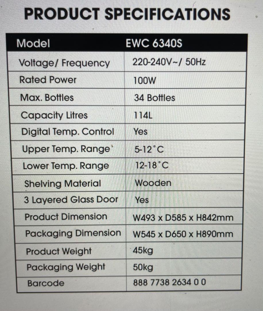 EUROPACE Deluxe Series EWC 6340S 34 BOTTLE WINE CHILLER ( DUAL ZONE