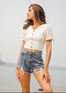 Lovet Shernice Eyelet Ribbon Sleeve Top