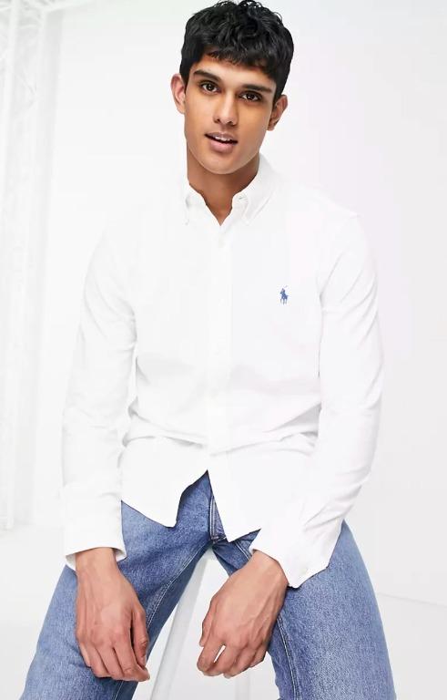 Polo ralph lauren slim fit pique shirt player logo button down in white top