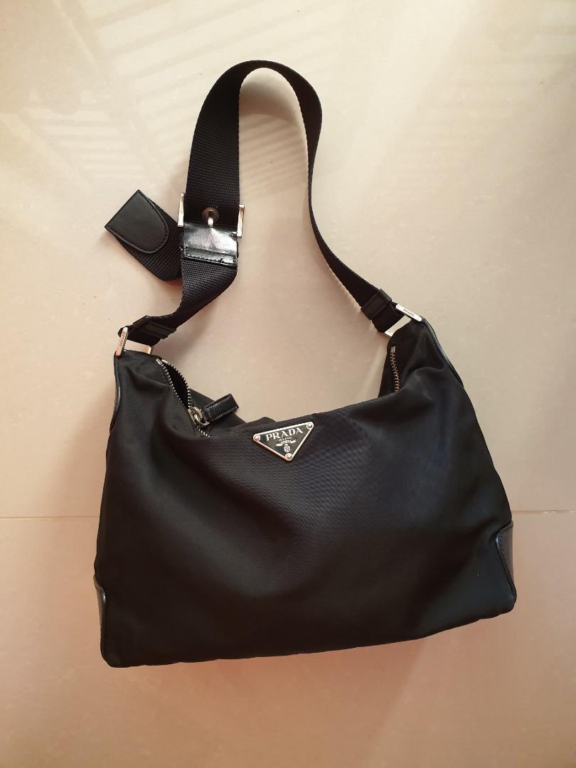 PRADA Classic Tessuto Nylon Black Hobo Shoulder Bag, Luxury, Bags & Wallets  on Carousell