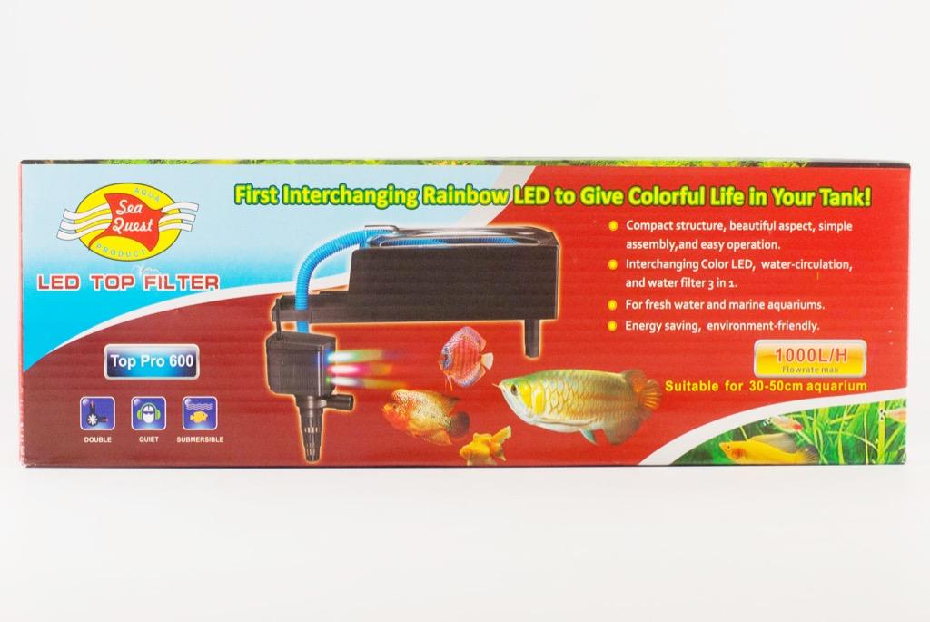 Sea Quest LED Top Filter - Top Pro 600 (8W) (Category: Homes & Other Pet Accessories) located in Pasig City. Submitted by petholics (Listing ID 1124001091, Image 1). Description: Compact structure, beautiful aspect, simple assembly, and easy operation. Interchanging color LED, water-circulation, and water filter 3 in 1. For fresh water and marine aquariums. Energy saving, environment-friendly.