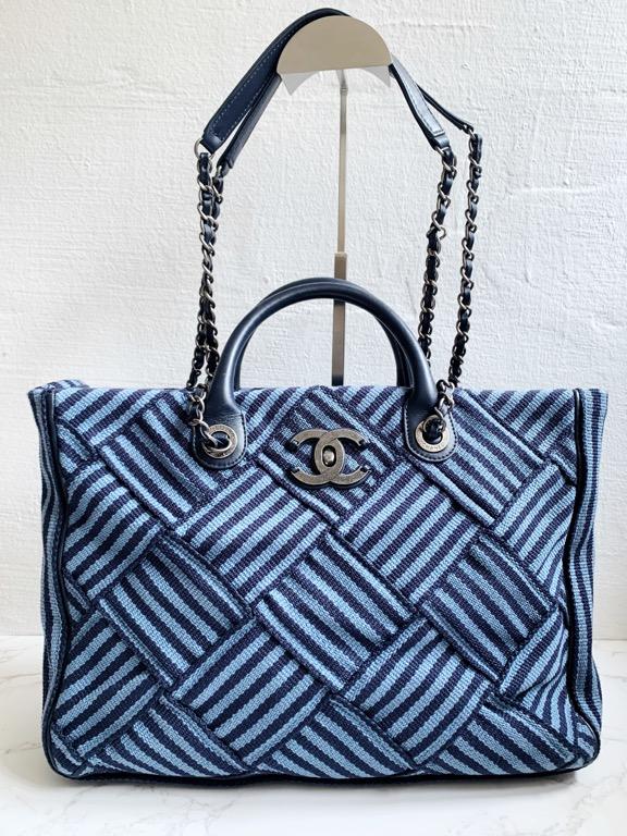 Vintage Chanel Canvas Shoulder Tote Bag (Navy Blue Stripe)