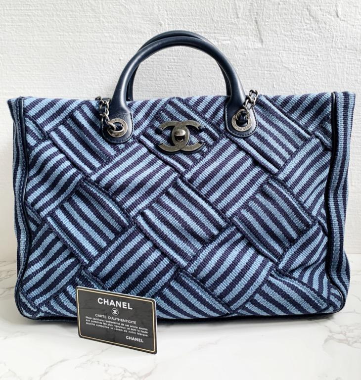 Vintage Chanel Canvas Shoulder Tote Bag (Navy Blue Stripe), Luxury