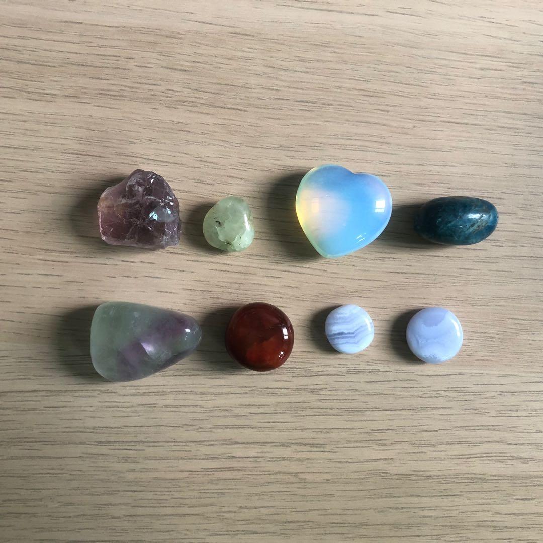 assorted crystals (Category: Precious Stones) located in Singapore. Submitted by japayas (Listing ID 1124145707, Image 1). Description: free normal mail if u purchase 2 or more! 🌈 : has rainbows (discounted alr) raw amethyst 2.5cm 🌈 $2 SOLD purple-green fluorite tumble 3.4cm 🌈 (quite big and chonky) $3 SOLD opalite heart 3cm (from crystalsbysisters on ig) damn pretty i swear $5 SOLD carnelian tumble 2cm (damn cute round shape) $1.50 blue lace 