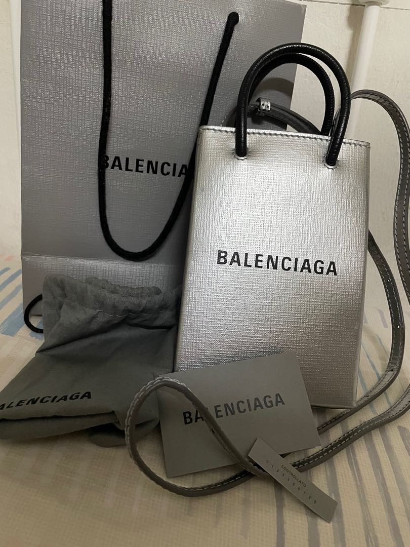 Balenciaga Shopping Phone Holder Bag Black in Leather with Silvertone  GB
