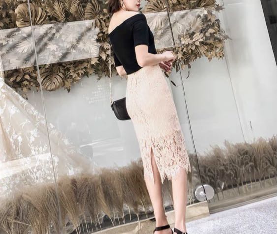 Beige lace best sale skirt