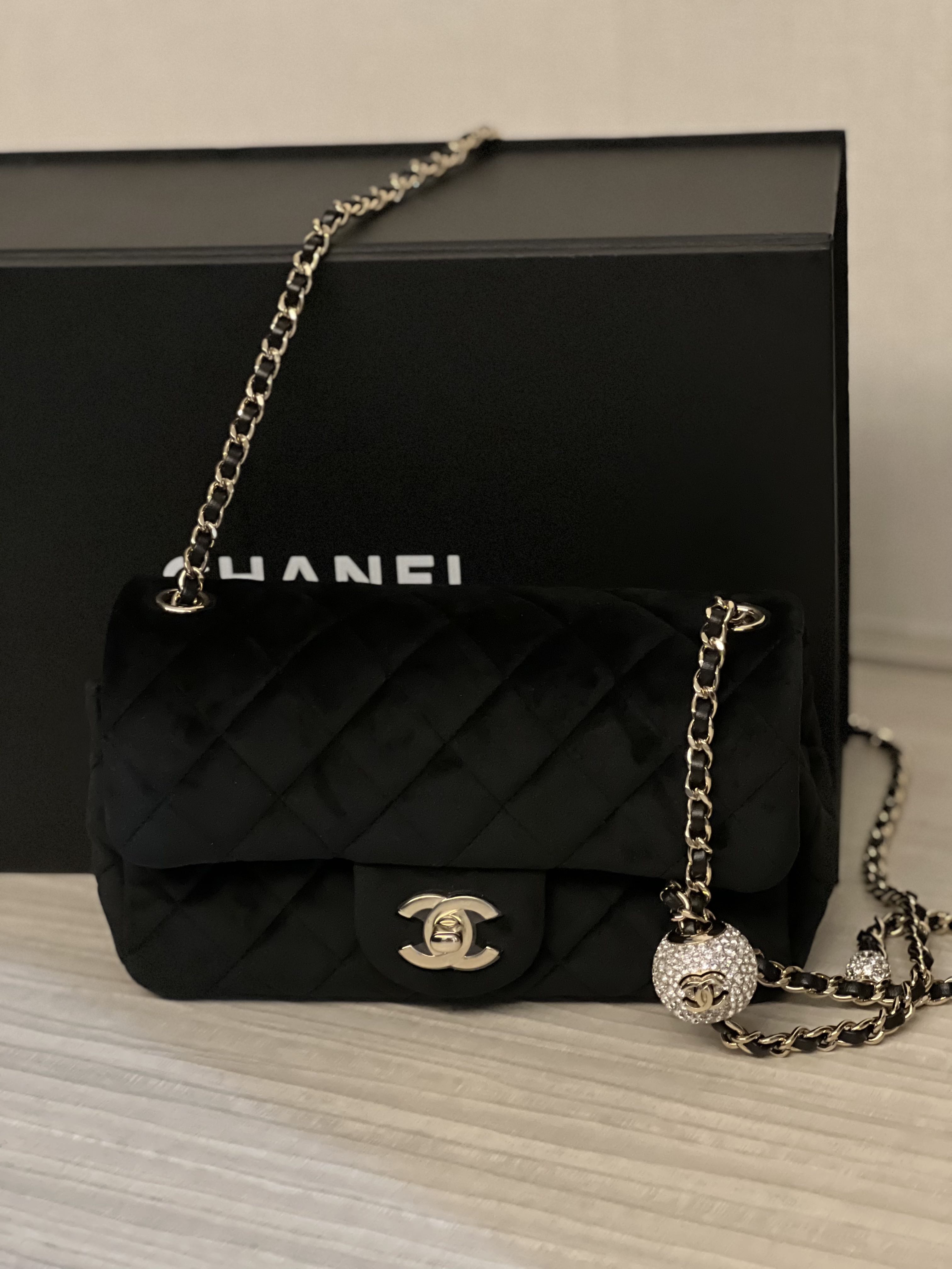 Chanel Flap Bag Pearl Crush (Crystal ball) in black velvet, Luxury, Bags &  Wallets on Carousell