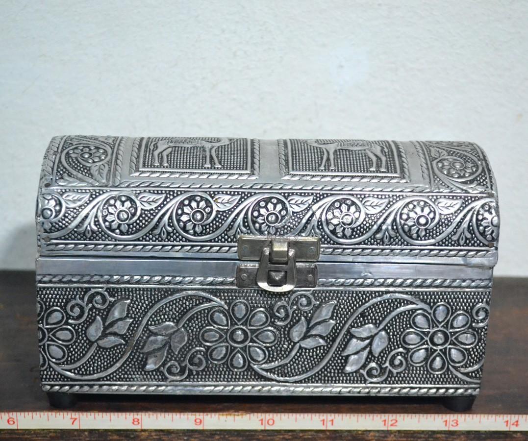 Handmade Metal Jewelry Box w Embossed Camels Floral Motifs