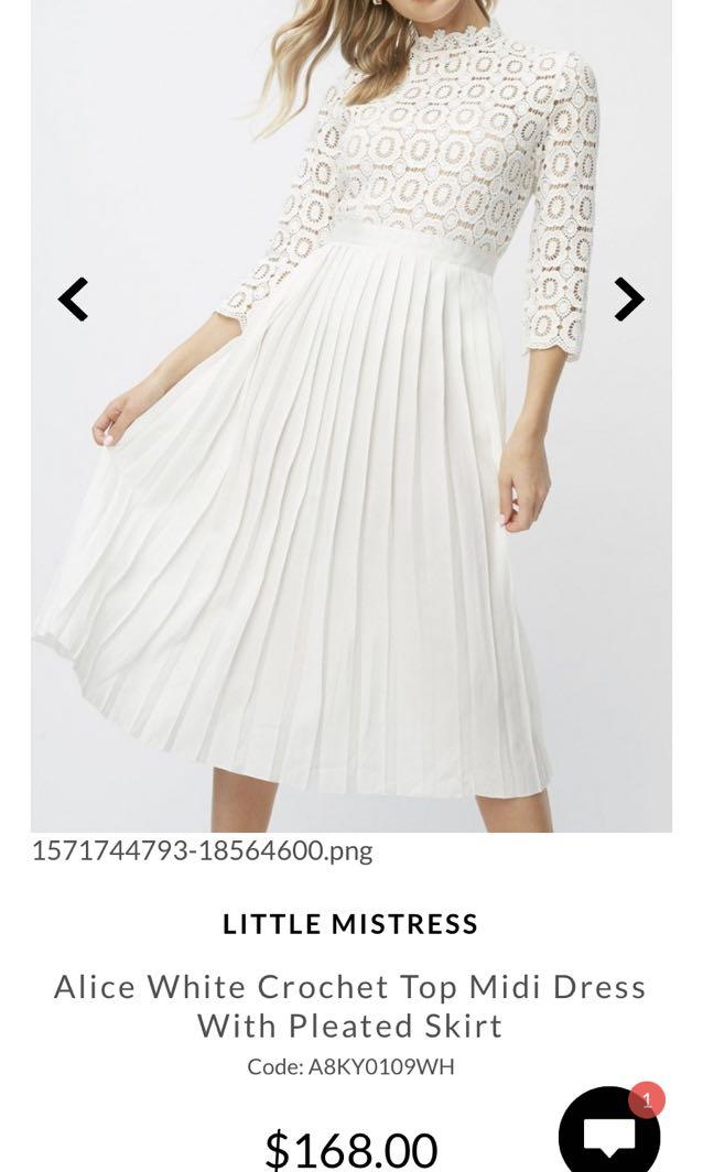 Little mistress alice white crochet top midi hotsell dress with pleated skirt