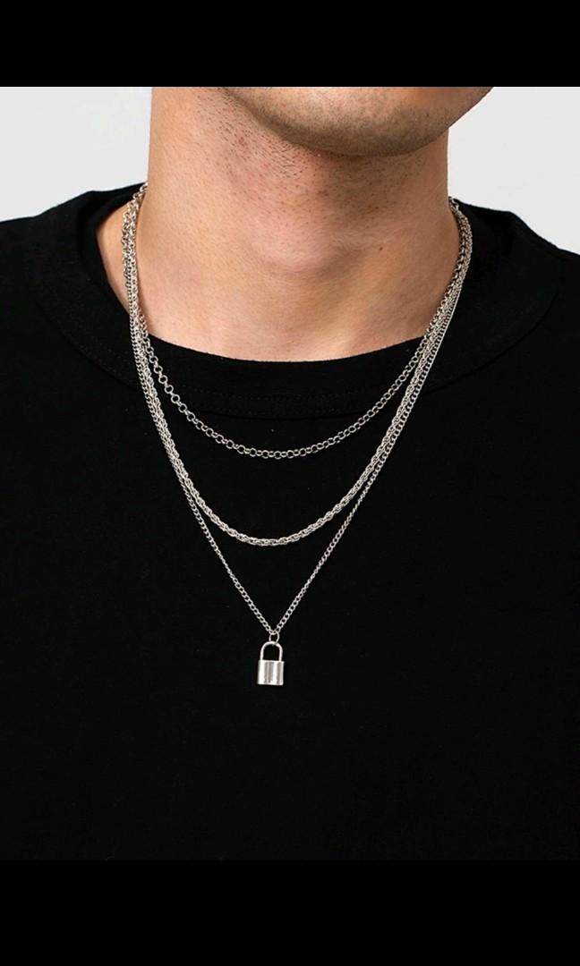 Men Lock Layered Necklace Men s Fashion Watches Accessories