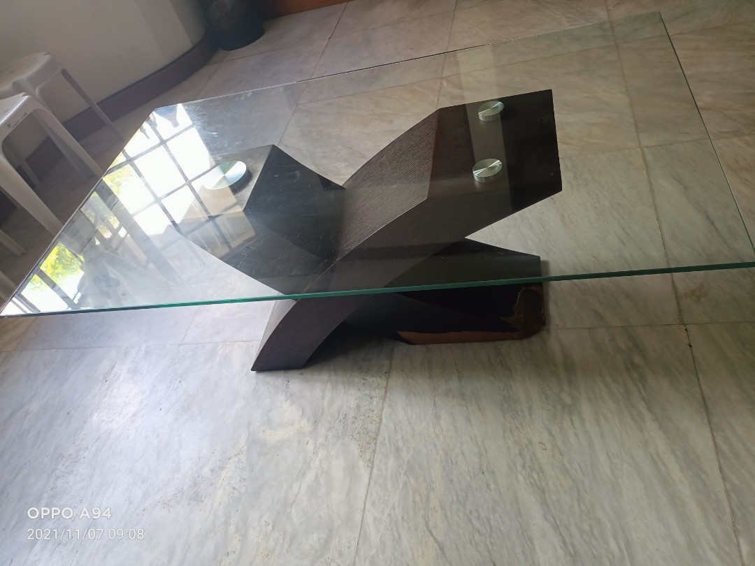 RUSH! Big thick glass,wood base Center Table, 47" x 28" Lower Antipolo
