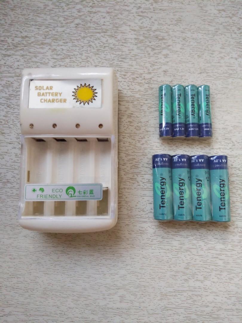 Solar rechargeable battery charger with (8) AA and (8) AAA batteries