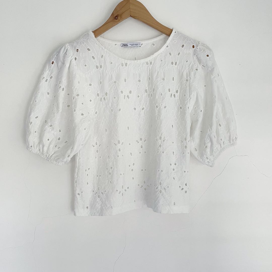 ZARA EYELET PUFF SLEEVES TOP, Women's 