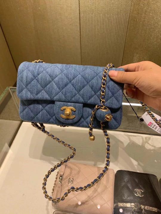 全新代購爆款Chanel 22c 牛仔金珠denim mini flap bag 20cm, 名牌