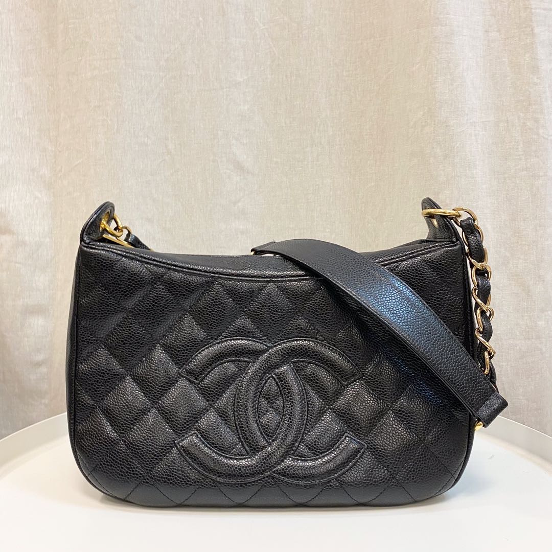 Authentic Chanel Black Vintage Half Moon Hobo bag in Caviar and Gold Hardware