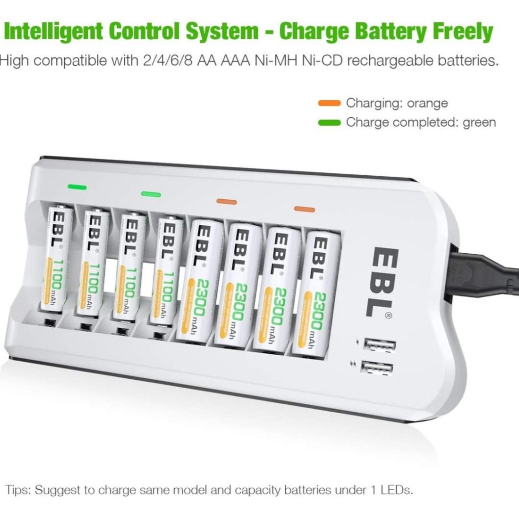 EBL 8 Pcs AAA Batteries 1100mAh and 808U AA AAA Rechargeable Battery  Charger with 2 USB Fast Charging Ports 