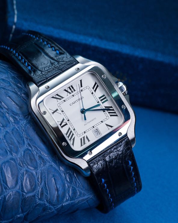Handmade Handstitched Watch Strap In Navy Blue Crocodile Leather
