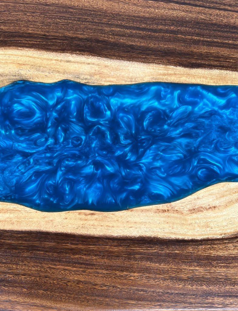 mahogany wood slice coffee table with blue resin art piece, Furniture