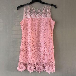 Pink Peach Floral Lace Dress Size 6-8