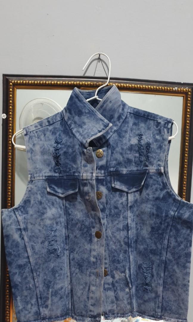 acid wash denim vest, Fesyen Wanita 