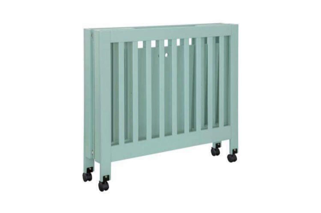 Babyletto Origami Mini Crib in Lagoon Blue and Dream on Me Mini Crib Mattress
