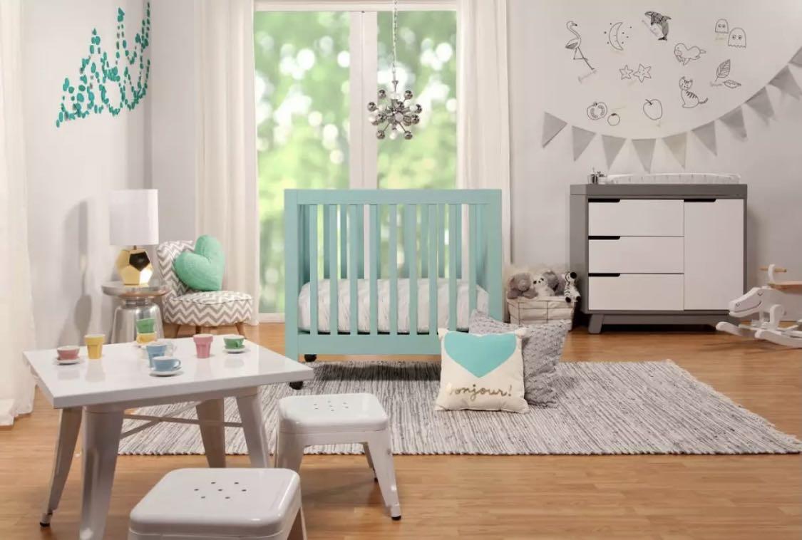 Babyletto Origami Mini Crib in Lagoon Blue and Dream on Me Mini