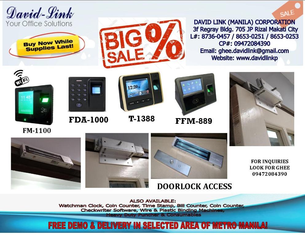 Doorlock Access David Link (Category: Office & Business Technology) located in Makati City. Submitted by davidlinkcorp (Listing ID 1124577653, Image 1). Description: FREE DEMO & DELIVERY IN SELECTED AREA OF METRO MANILA! ALSO AVAILABLE: Time Recorder, Biometrics, Watchman Clock, Coin Counter, Time Stamp, Bill Counter, Coin Counter, Checkwriter Software, Wire & Plastic Binding Machines, Heavy Duty Puncher & Consumables.