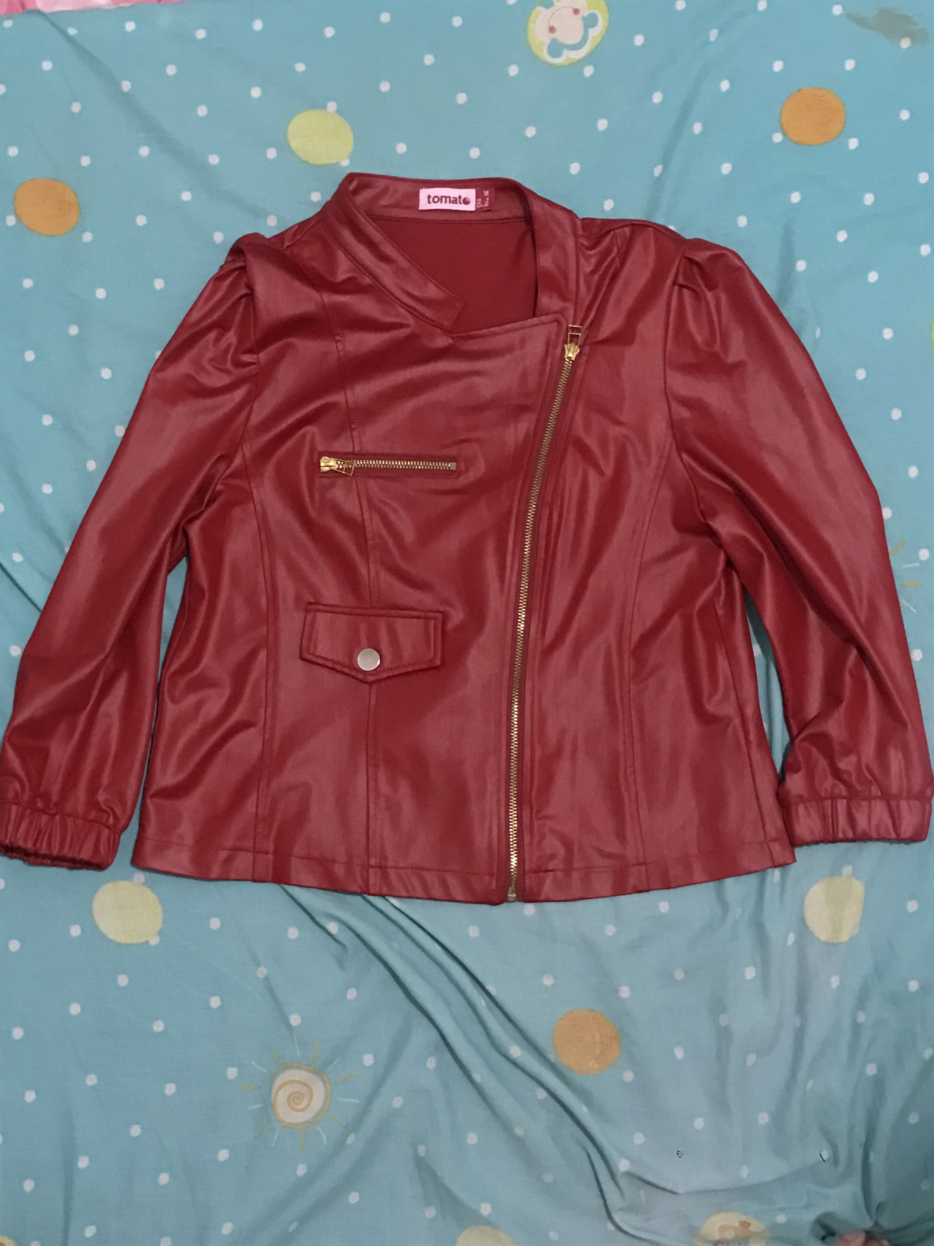 Faux red leather jacket, Women's Fashion, Coats, Jackets and Outerwear