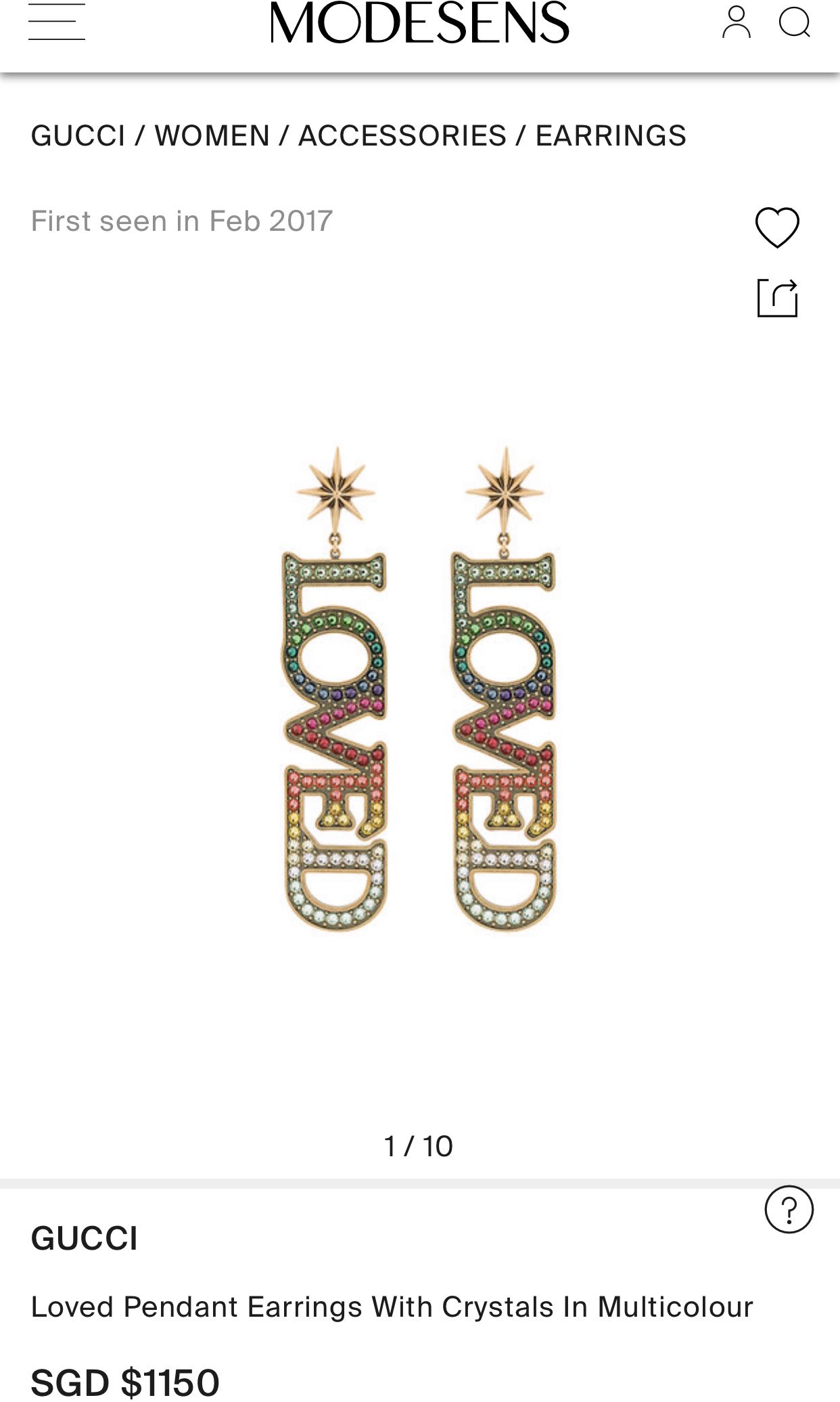 GUCCI LOVED Pendant Earring with Rainbow Swarovski Crystals