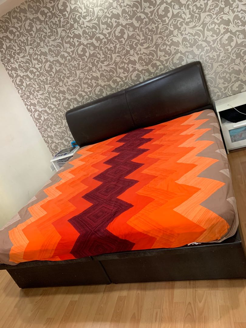 King size bed with storage and mattress, Furniture & Home Living