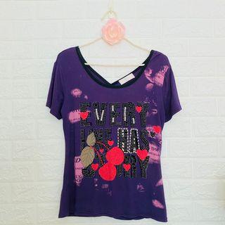 La Femme 法國製 櫻桃水鑽縫珠上衣 紫色棉T #含運