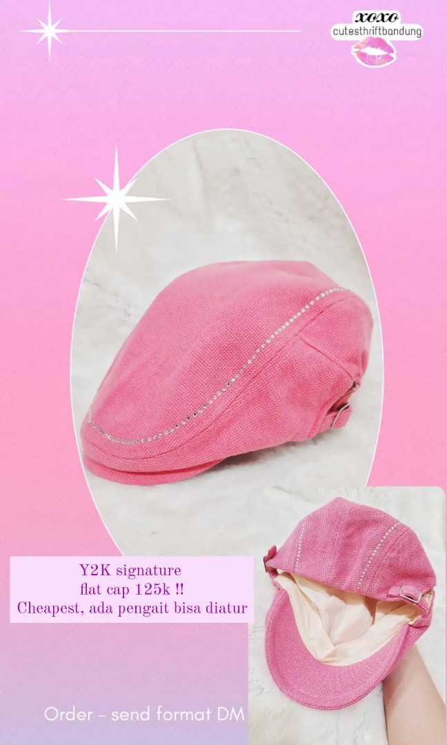 Pink y2k newsboy hat flat cap topi flat 