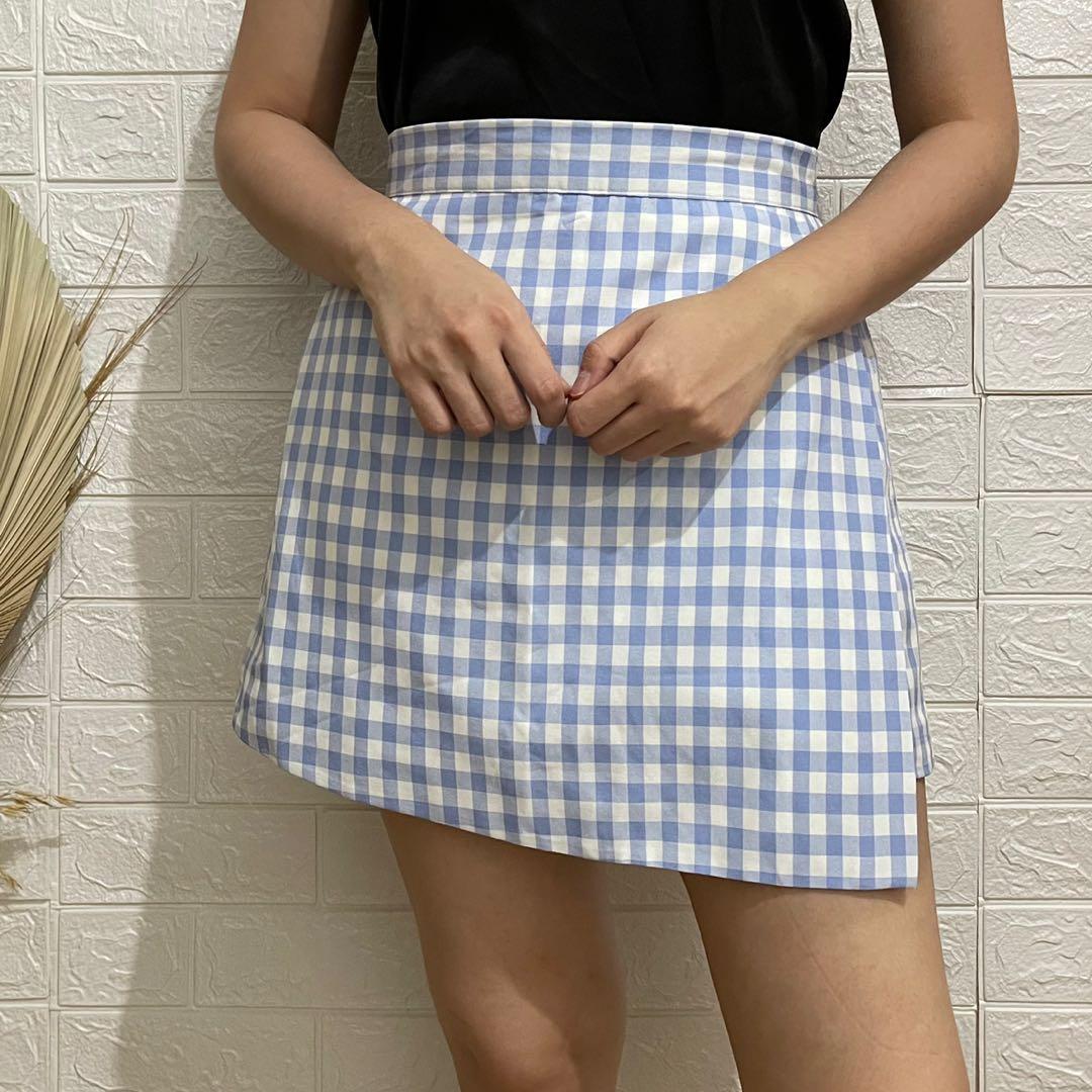 light blue check skirt
