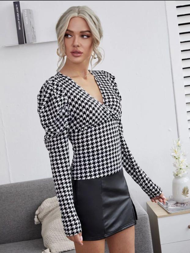SHIEIN LEG Mutton sleeve houndstooth top Women #39 s Fashion Tops