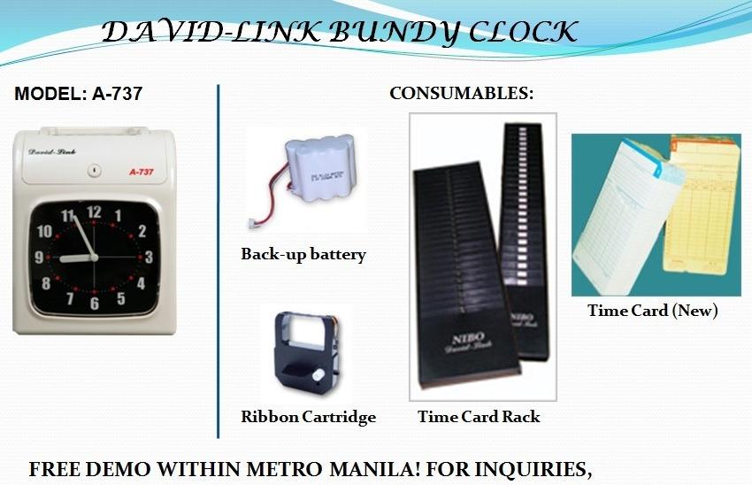 Time Recorder David Link A-737 (Category: Office & Business Technology) located in Makati City. Submitted by davidlinkcorp (Listing ID 1124576526, Image 1). Description: A-737 Bundy Clock Time Recorder DL-A737 + 50 pcs time cards + Back-up battery + 1 year warranty Nibo Davidlink A737 Time Recorder Bundy Clock + FREE 50 Pcs. Timecard + 1 year warranty MODEL: DAVID LINK A-737 FEATURES: - Black and red print accurately identifies in and out (tardin