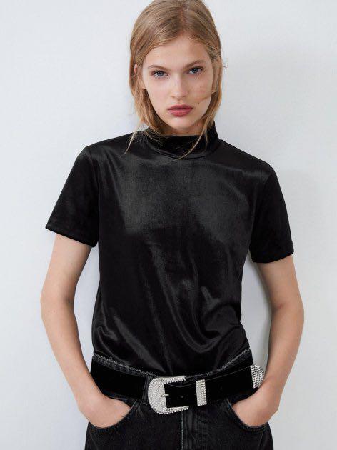 ZARA Black VELVET TOP SHORT SLEEVE WOMAN- SIZE M, Women's Fashion, Tops,  Other Tops on Carousell