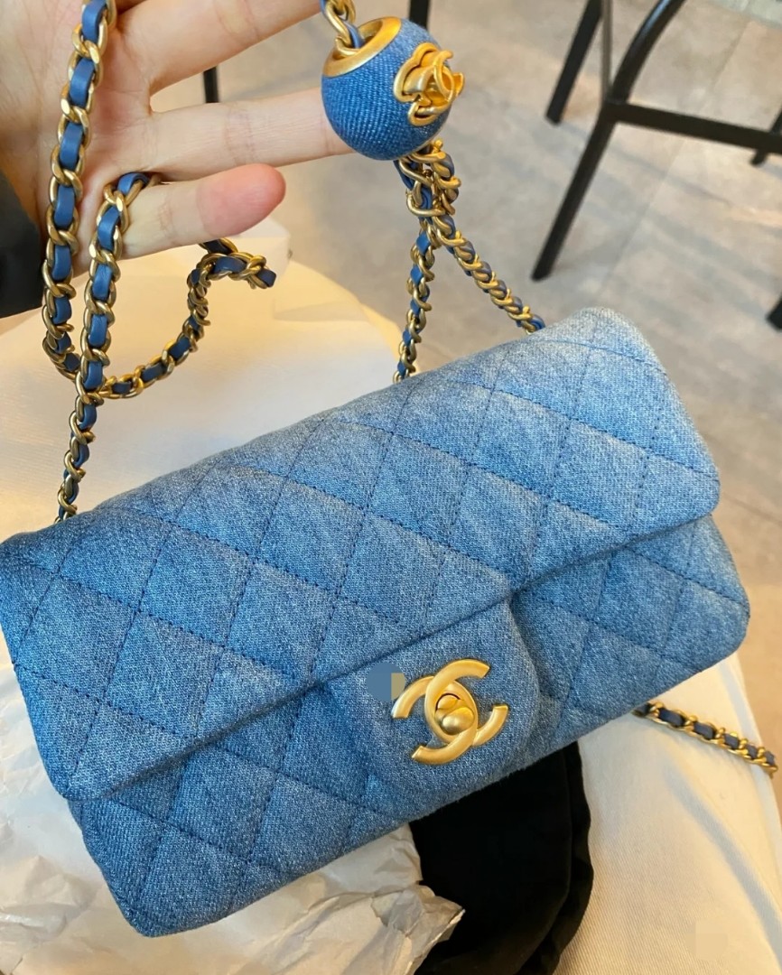 Chanel Pearl Crush Mini Rectangular Flap Bag Blue Denim Lambskin Antique  Gold Hardware in 2023