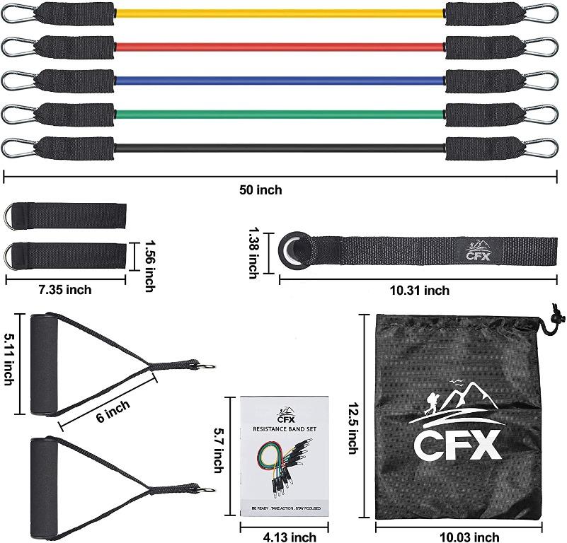 CFX Exercise Resistance Bands Set Fitness Workout Bands 11PC with Fitness Tubes Foam Handles Ankle Straps Door Anchor for Home Gym Fitness Physical Therapy Up to 150 lbs Sports Equipment Exercise