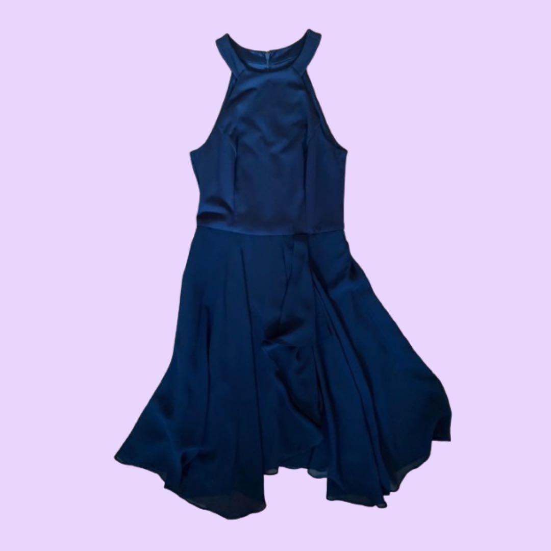 navy blue halter neck flowy dress ...