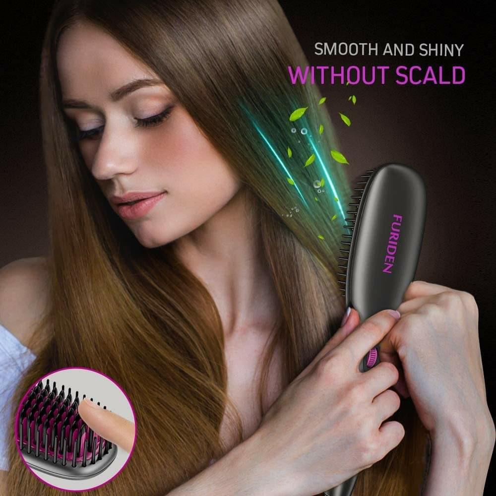 FURIDEN Straightening Brush Hair Straightener Brush with Ceramic Anti Scald Hair Straightening Brush Travel Double Voltage Flat Iron Brush with MCH Fast Heating 265 F 450 F Beauty Personal Care Hair o...