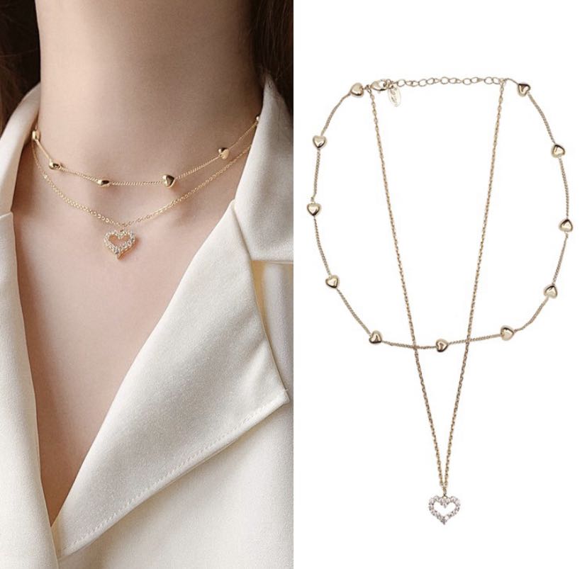 Korean double layer gold chain heart thin necklace Women s